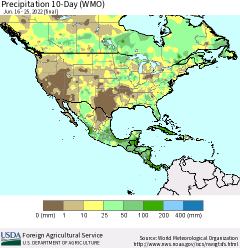 North America Precipitation 10-Day (WMO) Thematic Map For 6/16/2022 - 6/25/2022