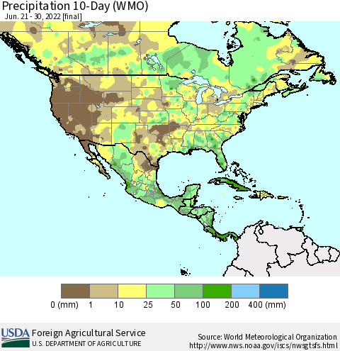 North America Precipitation 10-Day (WMO) Thematic Map For 6/21/2022 - 6/30/2022