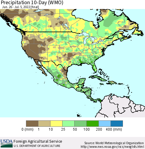 North America Precipitation 10-Day (WMO) Thematic Map For 6/26/2022 - 7/5/2022