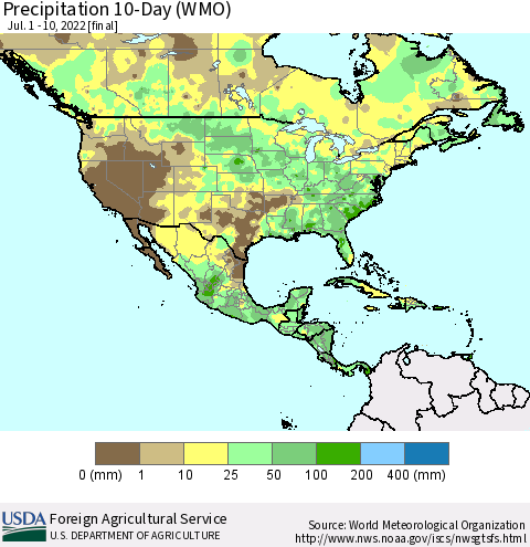 North America Precipitation 10-Day (WMO) Thematic Map For 7/1/2022 - 7/10/2022
