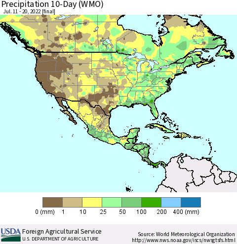 North America Precipitation 10-Day (WMO) Thematic Map For 7/11/2022 - 7/20/2022