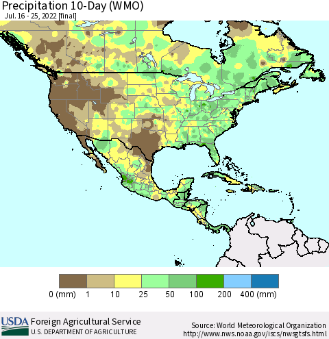 North America Precipitation 10-Day (WMO) Thematic Map For 7/16/2022 - 7/25/2022