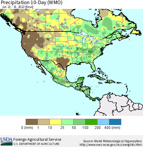 North America Precipitation 10-Day (WMO) Thematic Map For 7/21/2022 - 7/31/2022