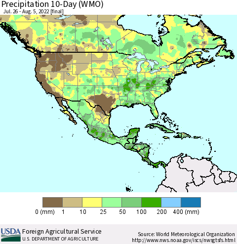 North America Precipitation 10-Day (WMO) Thematic Map For 7/26/2022 - 8/5/2022