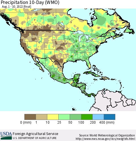 North America Precipitation 10-Day (WMO) Thematic Map For 8/1/2022 - 8/10/2022