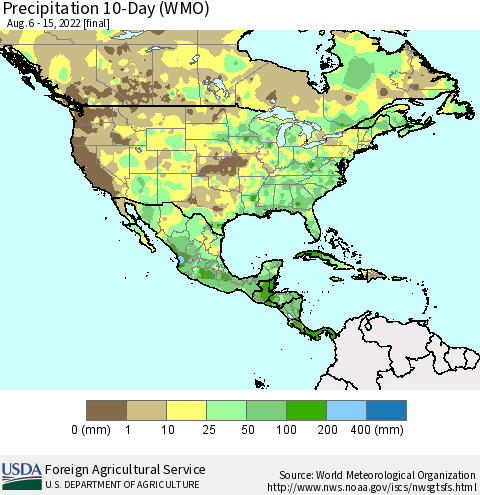 North America Precipitation 10-Day (WMO) Thematic Map For 8/6/2022 - 8/15/2022