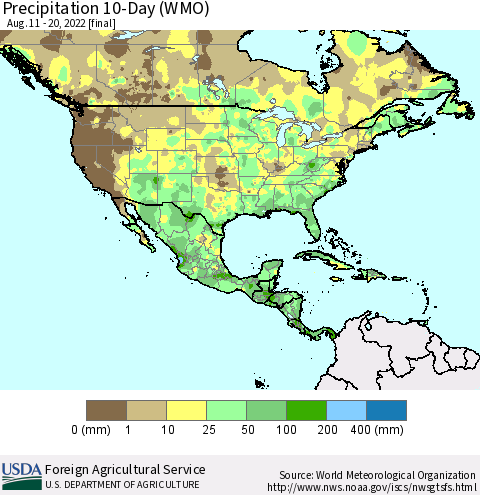 North America Precipitation 10-Day (WMO) Thematic Map For 8/11/2022 - 8/20/2022