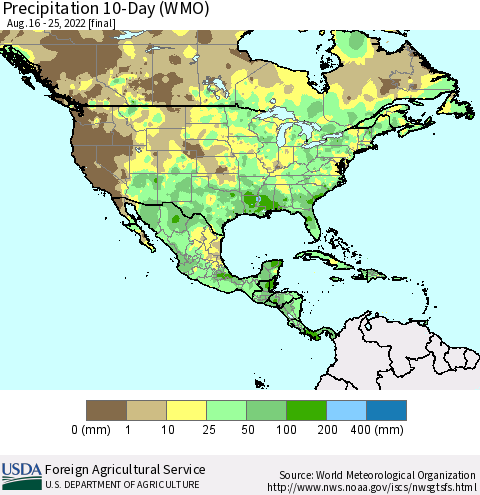 North America Precipitation 10-Day (WMO) Thematic Map For 8/16/2022 - 8/25/2022