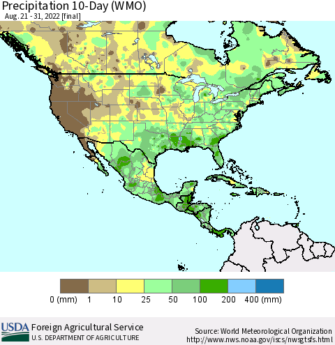 North America Precipitation 10-Day (WMO) Thematic Map For 8/21/2022 - 8/31/2022