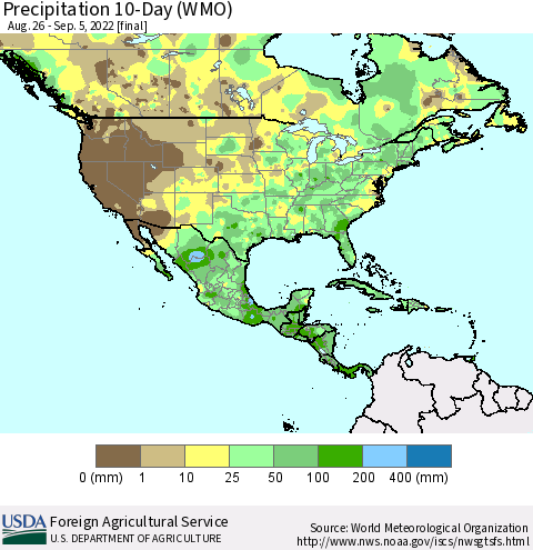 North America Precipitation 10-Day (WMO) Thematic Map For 8/26/2022 - 9/5/2022