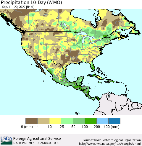 North America Precipitation 10-Day (WMO) Thematic Map For 9/11/2022 - 9/20/2022