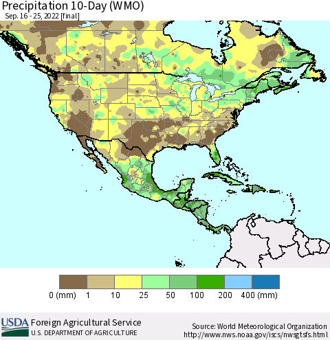 North America Precipitation 10-Day (WMO) Thematic Map For 9/16/2022 - 9/25/2022