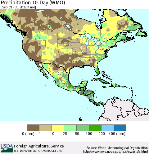 North America Precipitation 10-Day (WMO) Thematic Map For 9/21/2022 - 9/30/2022