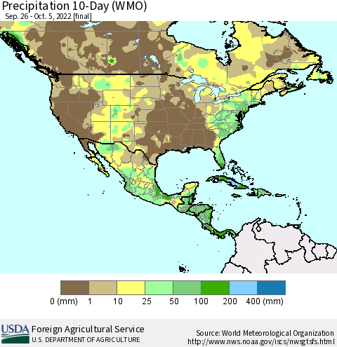 North America Precipitation 10-Day (WMO) Thematic Map For 9/26/2022 - 10/5/2022