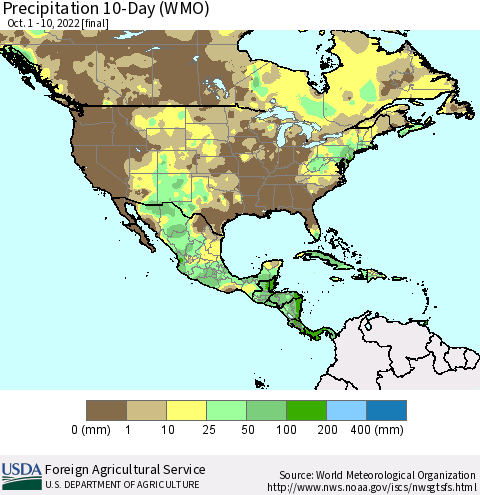 North America Precipitation 10-Day (WMO) Thematic Map For 10/1/2022 - 10/10/2022