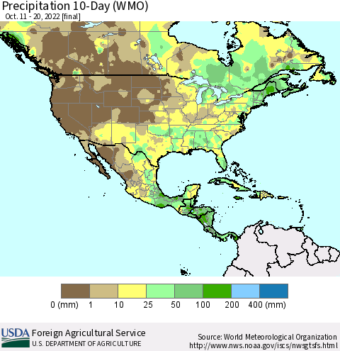 North America Precipitation 10-Day (WMO) Thematic Map For 10/11/2022 - 10/20/2022