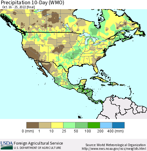 North America Precipitation 10-Day (WMO) Thematic Map For 10/16/2022 - 10/25/2022
