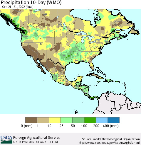 North America Precipitation 10-Day (WMO) Thematic Map For 10/21/2022 - 10/31/2022