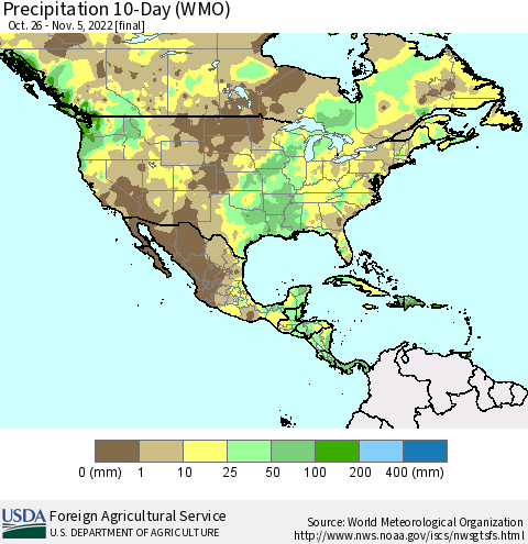 North America Precipitation 10-Day (WMO) Thematic Map For 10/26/2022 - 11/5/2022