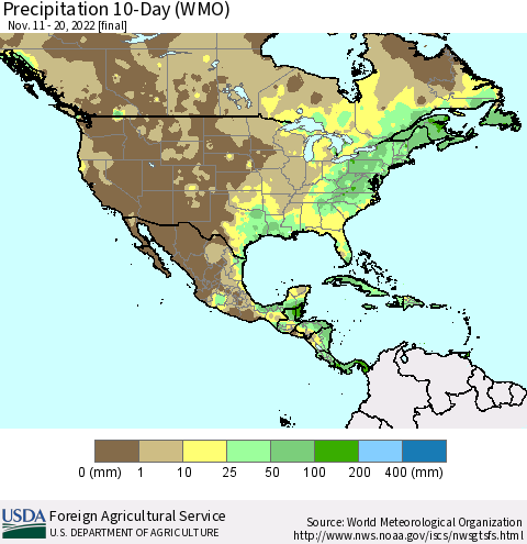 North America Precipitation 10-Day (WMO) Thematic Map For 11/11/2022 - 11/20/2022