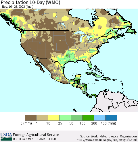 North America Precipitation 10-Day (WMO) Thematic Map For 11/16/2022 - 11/25/2022