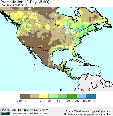 North America Precipitation 10-Day (WMO) Thematic Map For 12/16/2022 - 12/25/2022