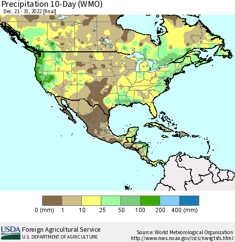 North America Precipitation 10-Day (WMO) Thematic Map For 12/21/2022 - 12/31/2022