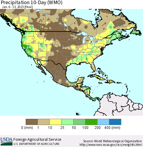 North America Precipitation 10-Day (WMO) Thematic Map For 1/6/2023 - 1/15/2023