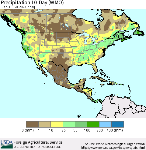 North America Precipitation 10-Day (WMO) Thematic Map For 1/11/2023 - 1/20/2023