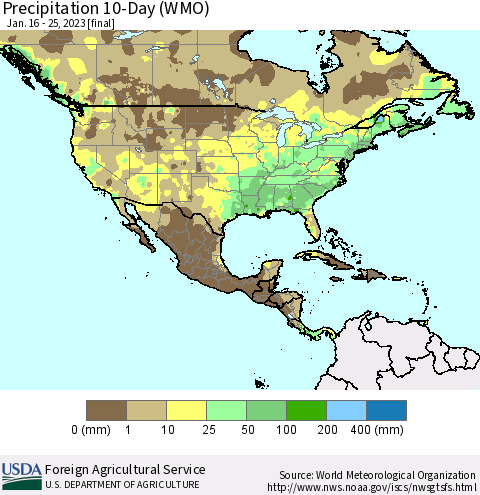 North America Precipitation 10-Day (WMO) Thematic Map For 1/16/2023 - 1/25/2023