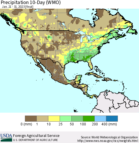 North America Precipitation 10-Day (WMO) Thematic Map For 1/21/2023 - 1/31/2023