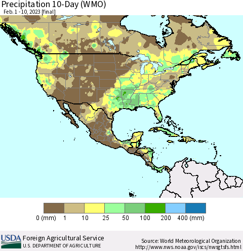North America Precipitation 10-Day (WMO) Thematic Map For 2/1/2023 - 2/10/2023