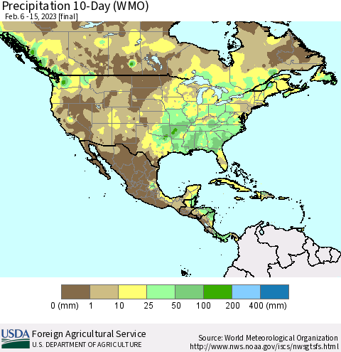 North America Precipitation 10-Day (WMO) Thematic Map For 2/6/2023 - 2/15/2023