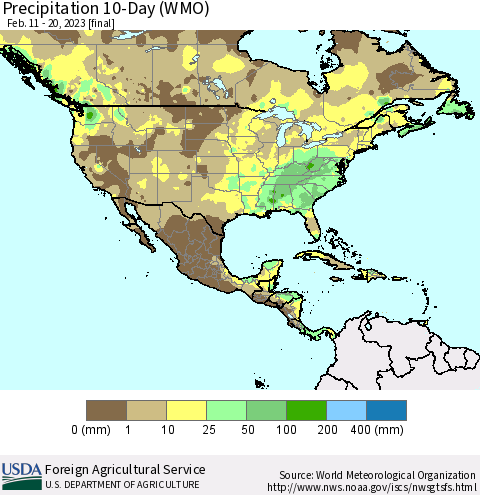 North America Precipitation 10-Day (WMO) Thematic Map For 2/11/2023 - 2/20/2023