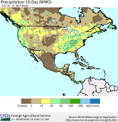 North America Precipitation 10-Day (WMO) Thematic Map For 2/16/2023 - 2/25/2023