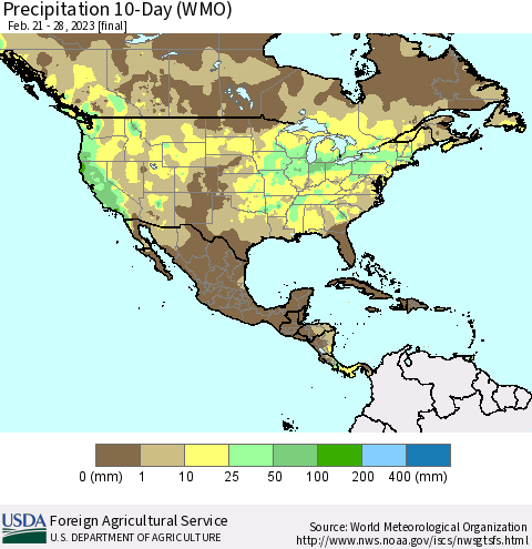 North America Precipitation 10-Day (WMO) Thematic Map For 2/21/2023 - 2/28/2023