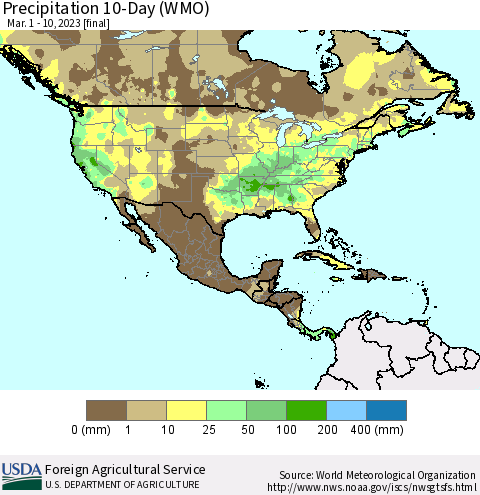 North America Precipitation 10-Day (WMO) Thematic Map For 3/1/2023 - 3/10/2023
