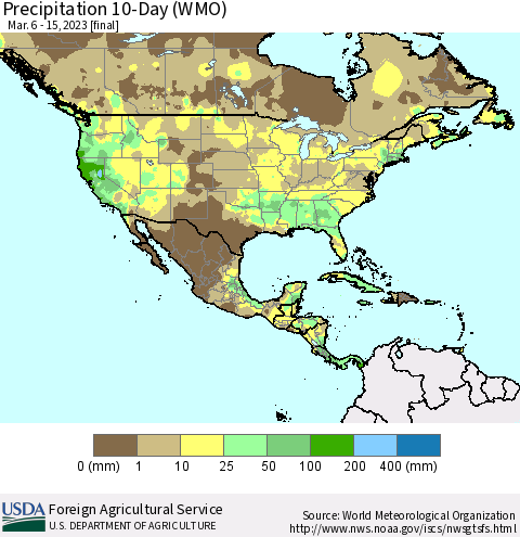 North America Precipitation 10-Day (WMO) Thematic Map For 3/6/2023 - 3/15/2023