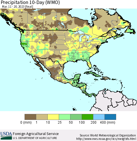 North America Precipitation 10-Day (WMO) Thematic Map For 3/11/2023 - 3/20/2023
