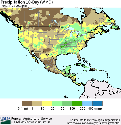 North America Precipitation 10-Day (WMO) Thematic Map For 3/16/2023 - 3/25/2023