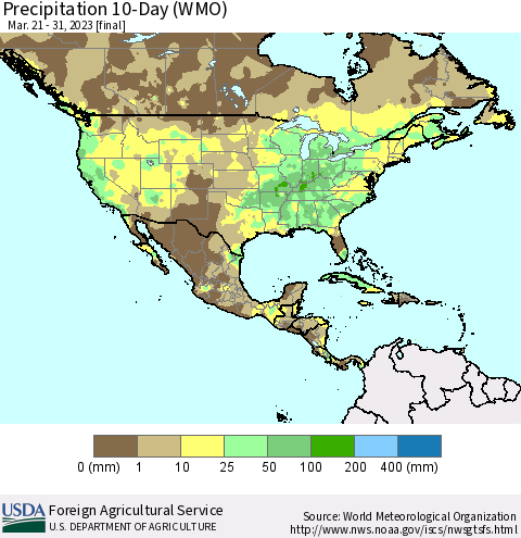 North America Precipitation 10-Day (WMO) Thematic Map For 3/21/2023 - 3/31/2023