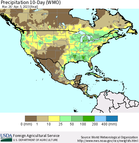 North America Precipitation 10-Day (WMO) Thematic Map For 3/26/2023 - 4/5/2023
