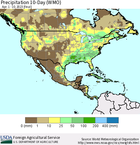 North America Precipitation 10-Day (WMO) Thematic Map For 4/1/2023 - 4/10/2023