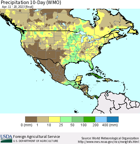 North America Precipitation 10-Day (WMO) Thematic Map For 4/11/2023 - 4/20/2023