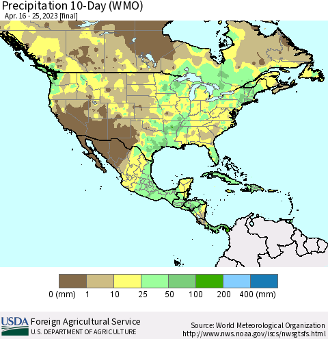 North America Precipitation 10-Day (WMO) Thematic Map For 4/16/2023 - 4/25/2023