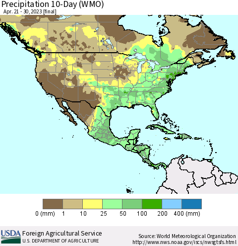 North America Precipitation 10-Day (WMO) Thematic Map For 4/21/2023 - 4/30/2023