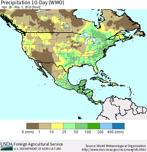 North America Precipitation 10-Day (WMO) Thematic Map For 4/26/2023 - 5/5/2023