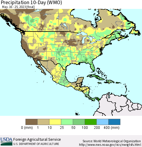 North America Precipitation 10-Day (WMO) Thematic Map For 5/16/2023 - 5/25/2023
