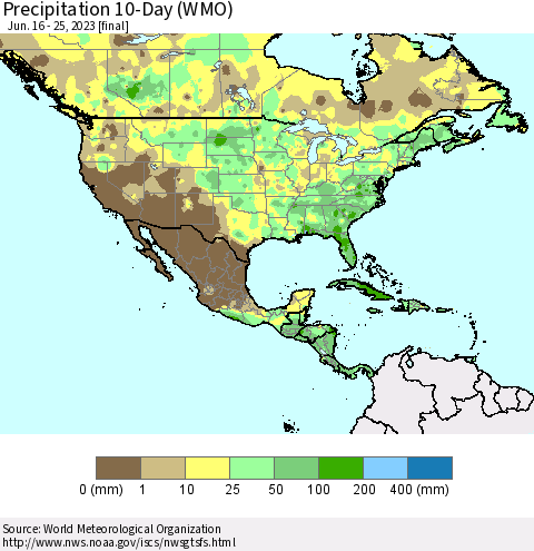 North America Precipitation 10-Day (WMO) Thematic Map For 6/16/2023 - 6/25/2023