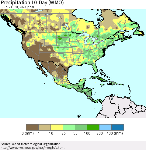 North America Precipitation 10-Day (WMO) Thematic Map For 6/21/2023 - 6/30/2023
